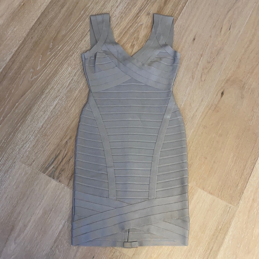 Herve Leger Grey scoop neck bandage dress